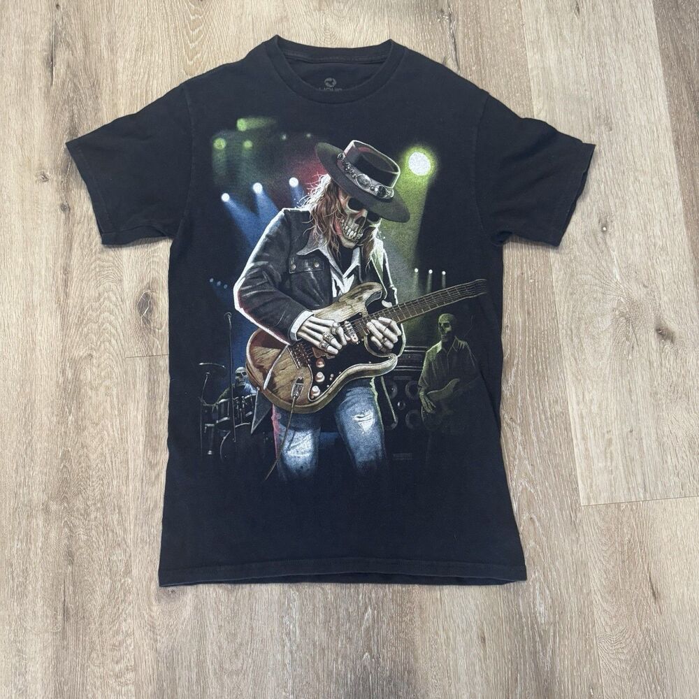 Liquid Blue T-Shirt Men Small Crew Neck Graphic Tee - Rock 'N Roll Skeleton